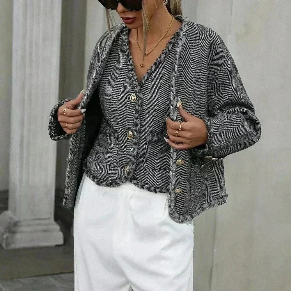 Multicolor Casual Women's Classic V-Neck Tweed Vest And Button Front Jacket